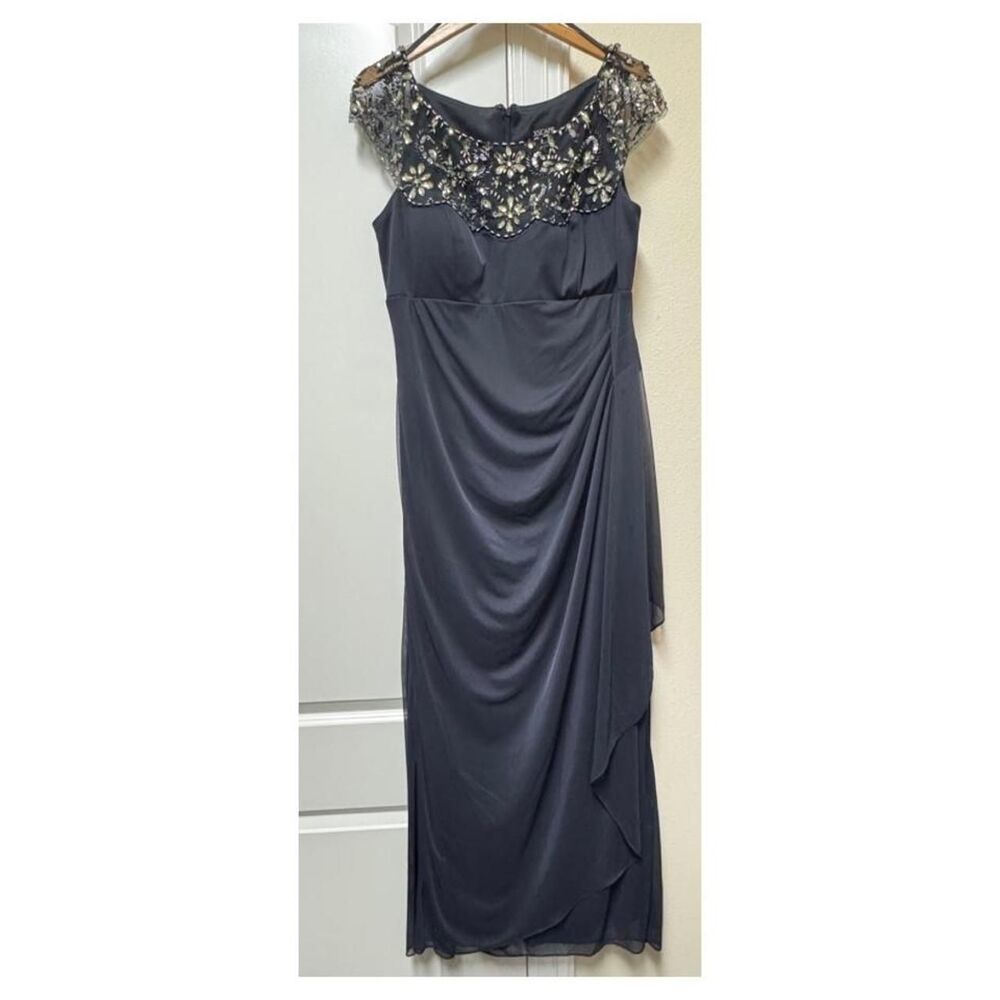 Xscape Gray Beaded Maxi Dress with Silver Beaded Embellishments on the Shoulders